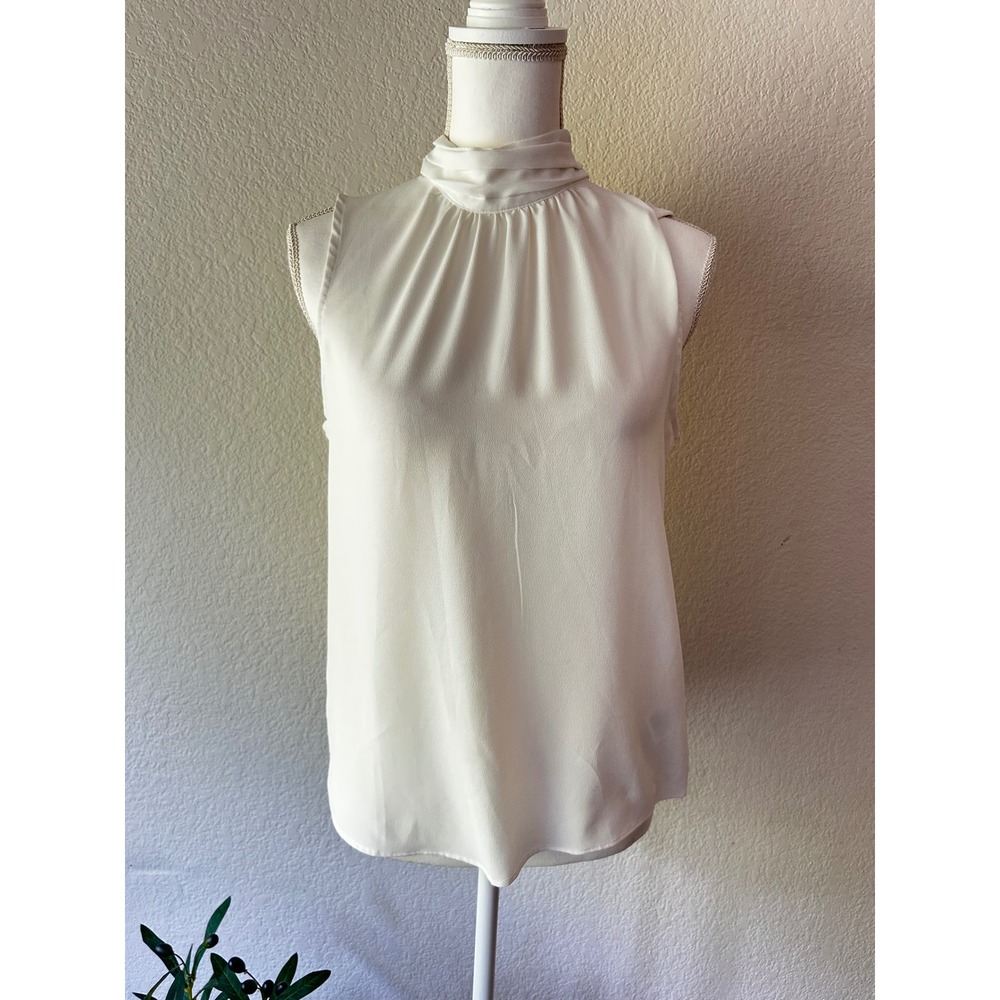 HM White Mock Neck Sleeveless Pleated Tie Back Blouse Small